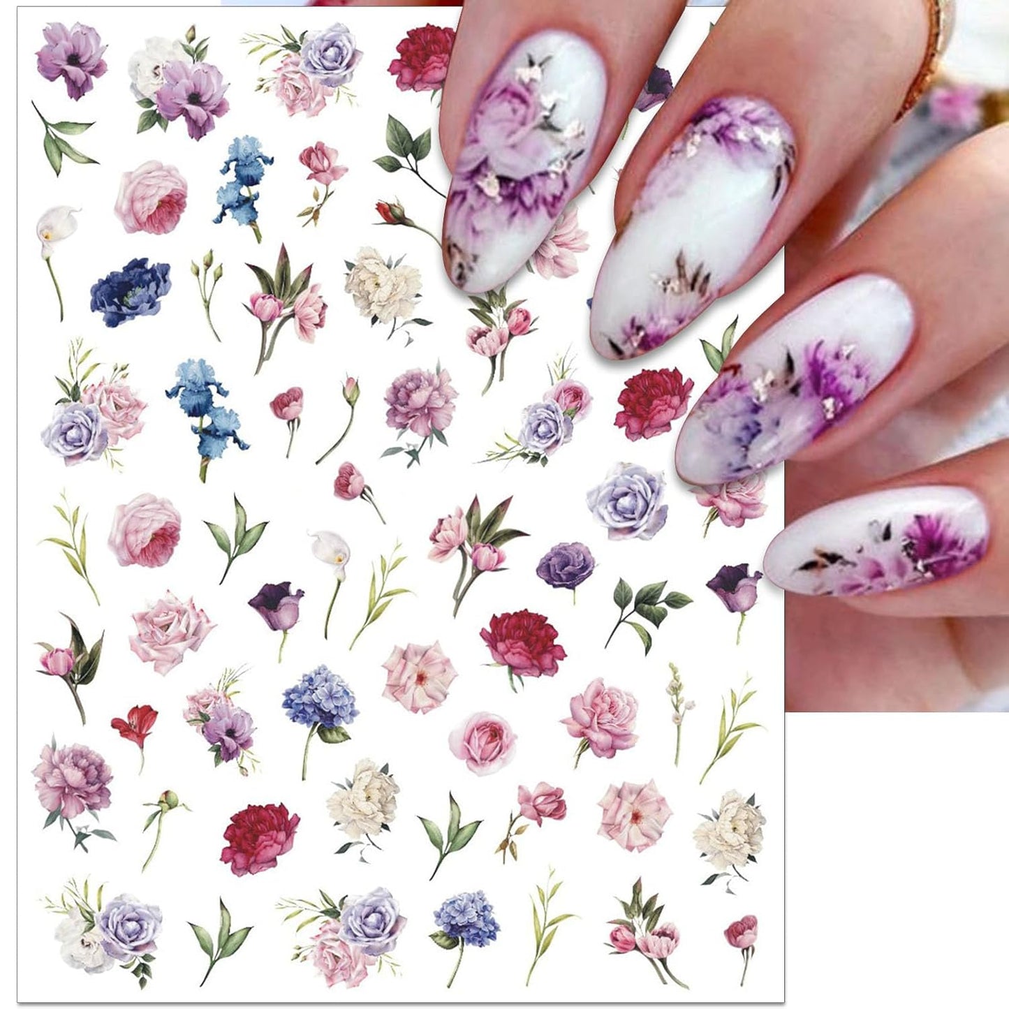 Peony Flower Nail Art Stickers - Pink Floral Leaf Self-Adhesive 3D Nail Decals for DIY Spring Summer Manicure (6 Sheets)