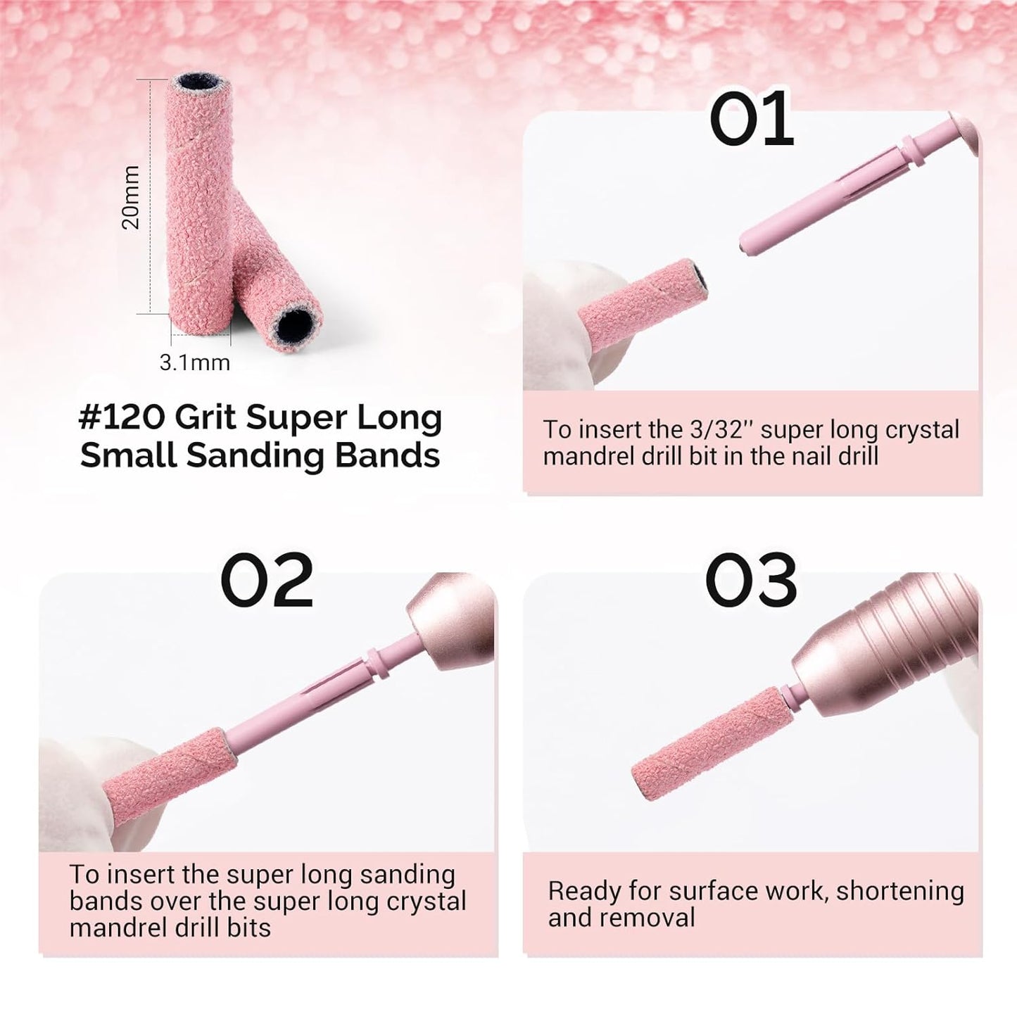 MelodySusie 50 Pcs Nail Drill Bits Super Long Small Sanding Bands with 3.1mm Crystal Mandrel Bit, 120 Medium Grit Nail File for Acrylic Nails Gel Manicures and Pedicure, Pink