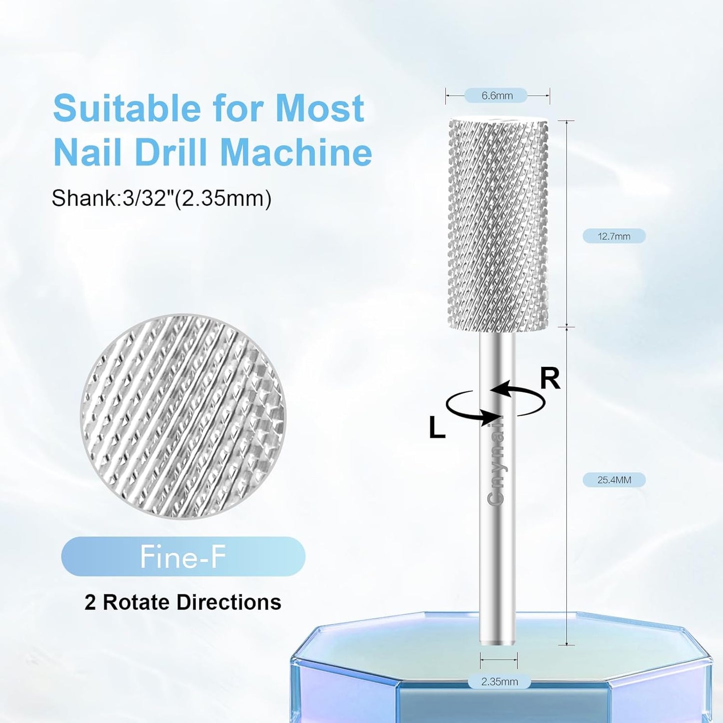 3/32" Large Barrel Bit Tungsten Carbide Nail Drill Bit Safety Bit for Gel & Acrylic Removal, 2- Way Rotating Efile Tip, Salon Electric File Accessory (F Girt, Silver)