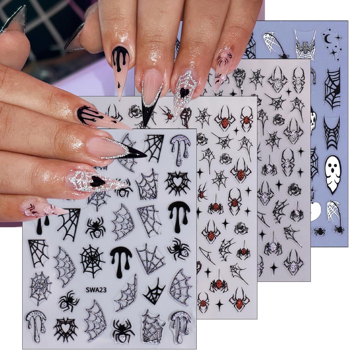 4 Sheets Halloween Nail Art Stickers Decals 3D Self-Adhesive Ghost Skull Cherry Nail Decals Holographic Glitter Design Bat Water Drop Spider Web Nail Stickers Holiday Nail Decorations for Women