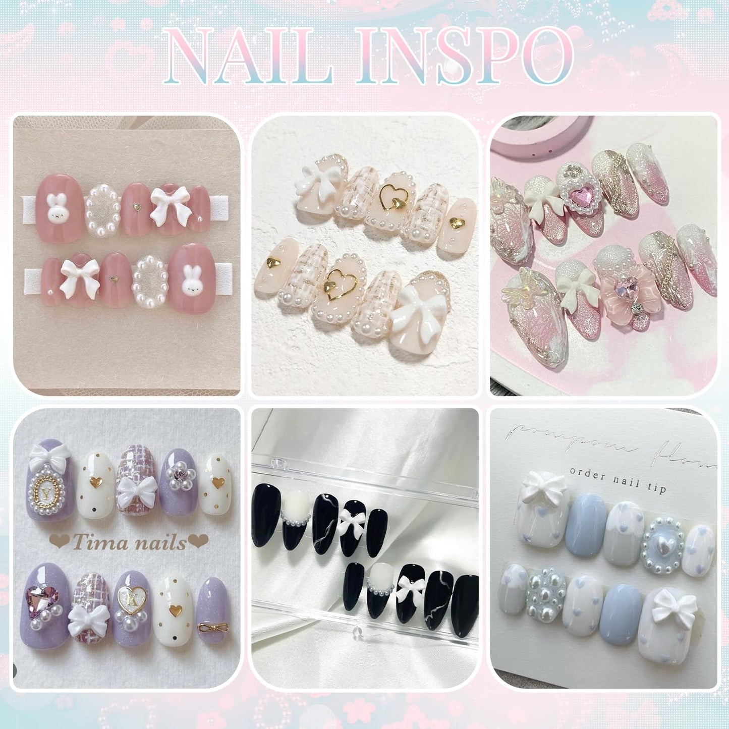 Coquette 3D Nail Charms Design Set - White Pink Nail Bows + Pearl Heart Star Moon Jewels + 3D Flowers and Pearls, With Picker Tools