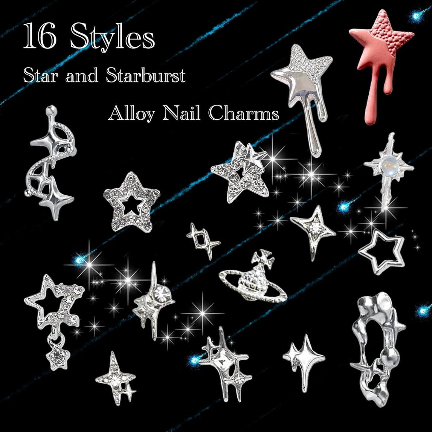124PCS Star 3D Nail Charms for Acrylic Nails, Silver Nail Gems Alloy Starburst Nail Accessories, Nail Rhinestones for Nail Art Supplies Manicure Craft DIY