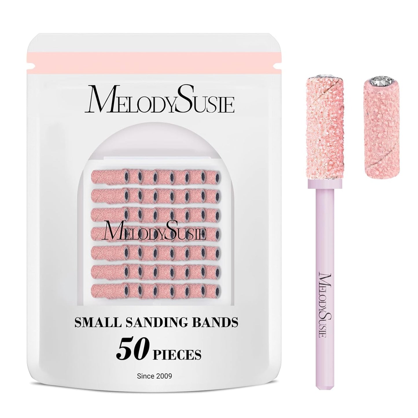 MelodySusie 50 Pcs Nail Drill Bits Small Sanding Bands with 3.1mm Mandrel Bit, 80 Coarse Grit Nail File for Acrylic Nails Gel Manicures and Pedicure, Pink