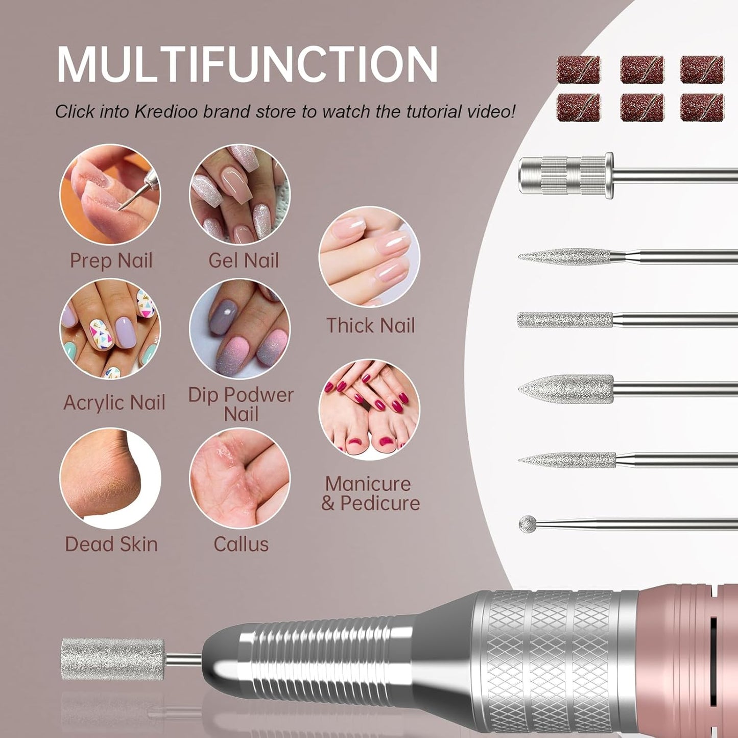 Kredioo Nail Drill, 35000RPM Nail Drills for Acrylic Nails Professional Cordless Electric File Rechargeable Portable Machine 6 Bits Dremel Tools for Women Manicure Pedicure Remove Gel Polish