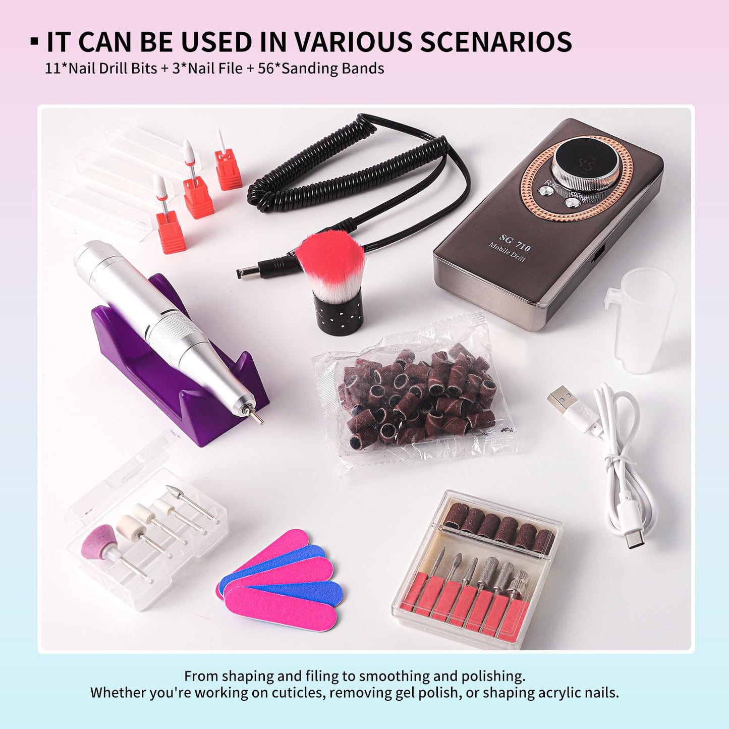 Electric Nail File for Acrylic Nail Kit, 45000RPM Electric Nail Drill Professional Manicure Pedicure Set with Nail Drill Kit Bits, Efile Cordless for Manicure