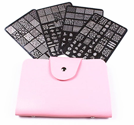 4PCS XL Stamping Nail Art Plates with 1stamper,1scraper and 1 Pcs Pink Stamping Plate Organizer