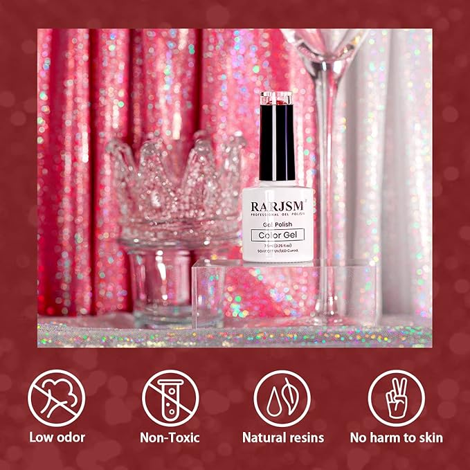 RARJSM Reflective Glitter Gel Polish Red,Glitter Gel Nail Polish Red 7.5ml Holographic Rainbow Iridescent Shimmer L E D U V Soak Off Sparkle Diamond Gelpolish Nail Art Manicure Salon DIY at Home 1pcs