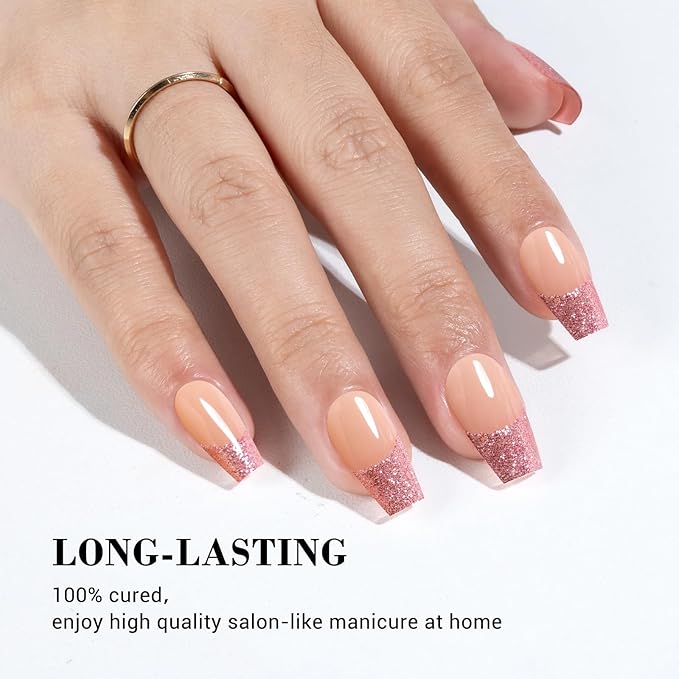 MelodySusie 30PCS Semi Cured Gel Nail Strips (Pink Glitter French Tips), Salon Quality, Long Lasting, Easy to Apply and Remove, Includes 2 Prep Pads, Nail File and Wooden Stick