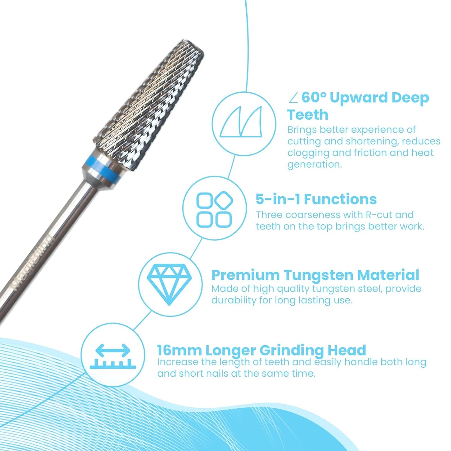 Super Cut 5 In 1 Nail Drill Bits, Tapered Barrel 3/32'' Safety Tungsten Bits, Upward Cut for Hard Gel Removal, Right Hand Use, Manicure Cuticle Gel Polishing, Technicians Bits, Medium.