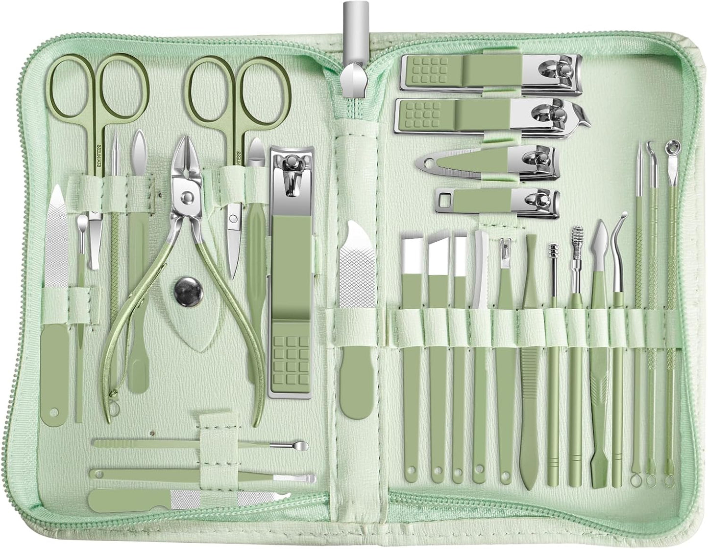 Manicure kit Personal Care Mens Grooming Kit, 30 in 1 Professional Nails Kit Pedicure Kit, Nail Clippers for Men and Nail Tools Portable Set, with Luxurious Travel Case (Green)