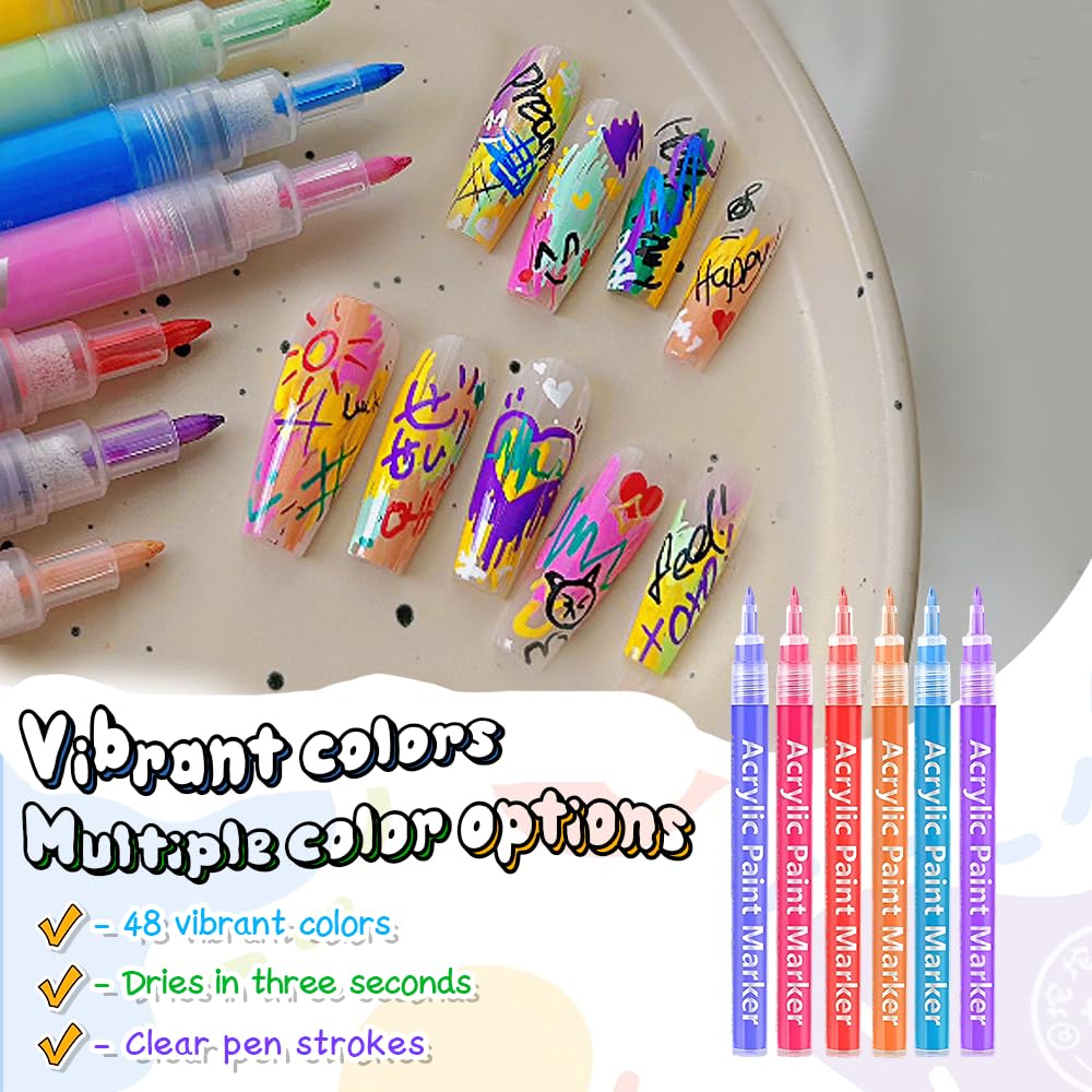 48 Colors Nail Art Pens for Painting Nails, 0.7mm Acrylic Paint Makers DIY Nail Art Markers for Kids and Adults, Quick-drying Nail Polish Pens Doodle Pens for Drawing Point Liner