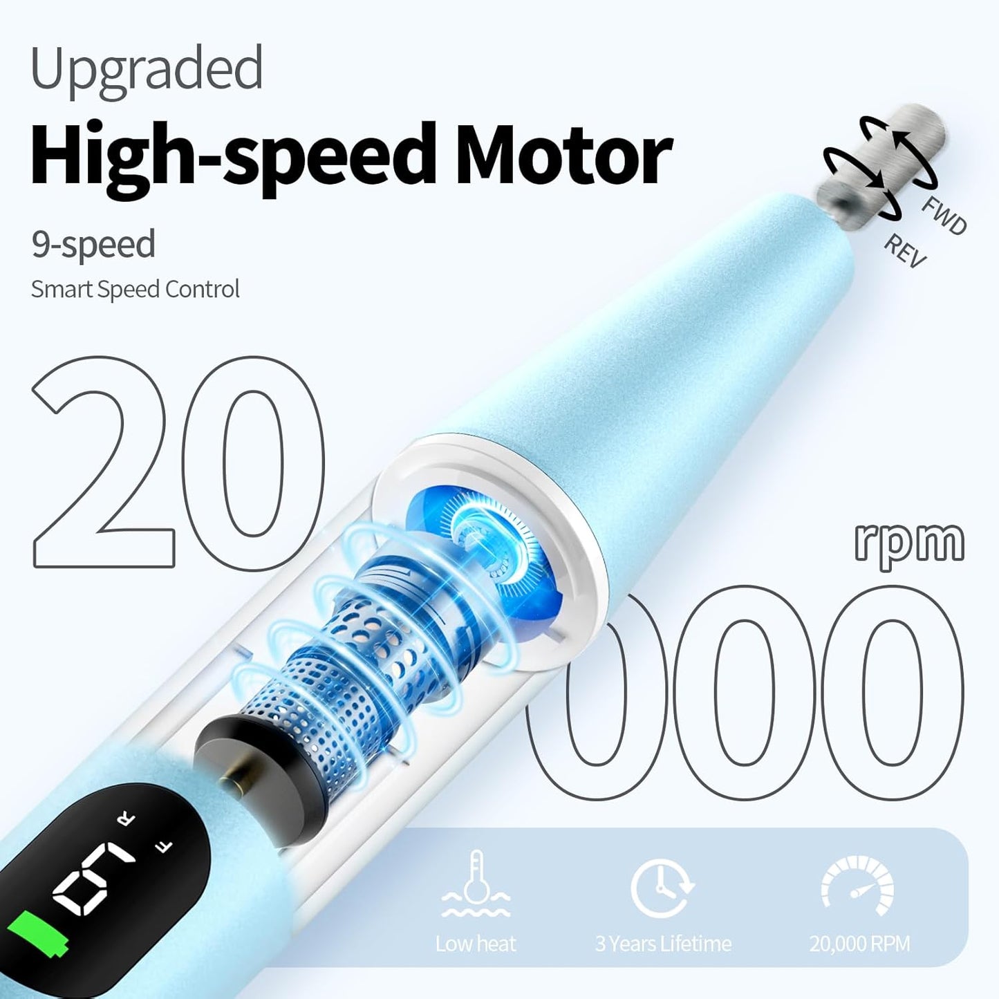Electric Nail Drill Kit Professional - 9 Speed Cordless Electric Nail File with LED Display, Portable Nail Drill Machine for Acrylic Gel Nails, Hand Feet Trimmer Buffer Tool for Women Men Baby Blue