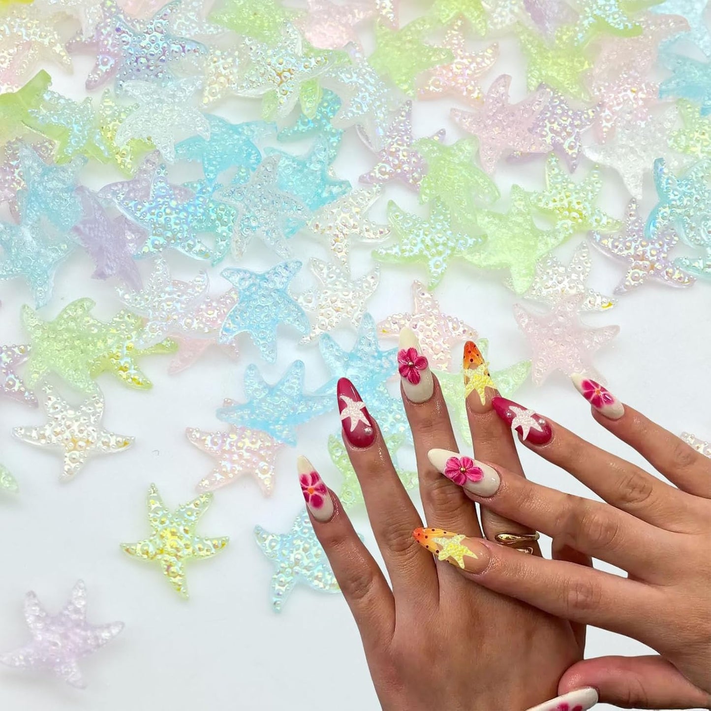 200PCS Iridescent Starfish Nail Art Rhinestones, Pastel Rainbow Colors, Mini Resin Decorations for Manicure