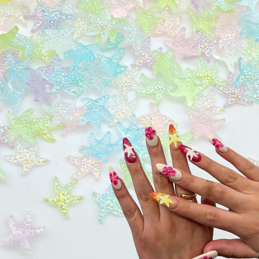 200PCS Iridescent Starfish Nail Art Rhinestones, Pastel Rainbow Colors, Mini Resin Decorations for Manicure