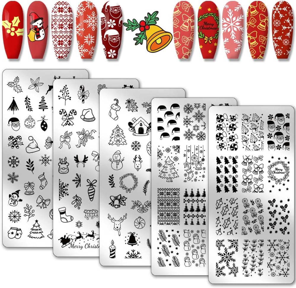 PH PandaHall 5pcs Christmas Nail Stamping Plate 128 Pattern Reindeer Snowman Snowflake Bell Nail Stencils Nail Art Stamping Plate Stainless Steel Print Nail Stencil for Nail Art Design Manicure Salon