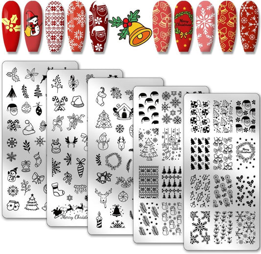 PH PandaHall 5pcs Christmas Nail Stamping Plate 128 Pattern Reindeer Snowman Snowflake Bell Nail Stencils Nail Art Stamping Plate Stainless Steel Print Nail Stencil for Nail Art Design Manicure Salon
