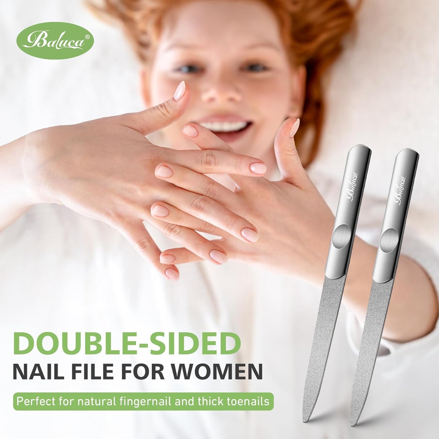 BALUCA Stainless Steel Diamond Nail File for Natural Acrylic Nails, Double Sided Metal Fingernail Toenail File for Women, Durable and Efficient Nail Care Tool