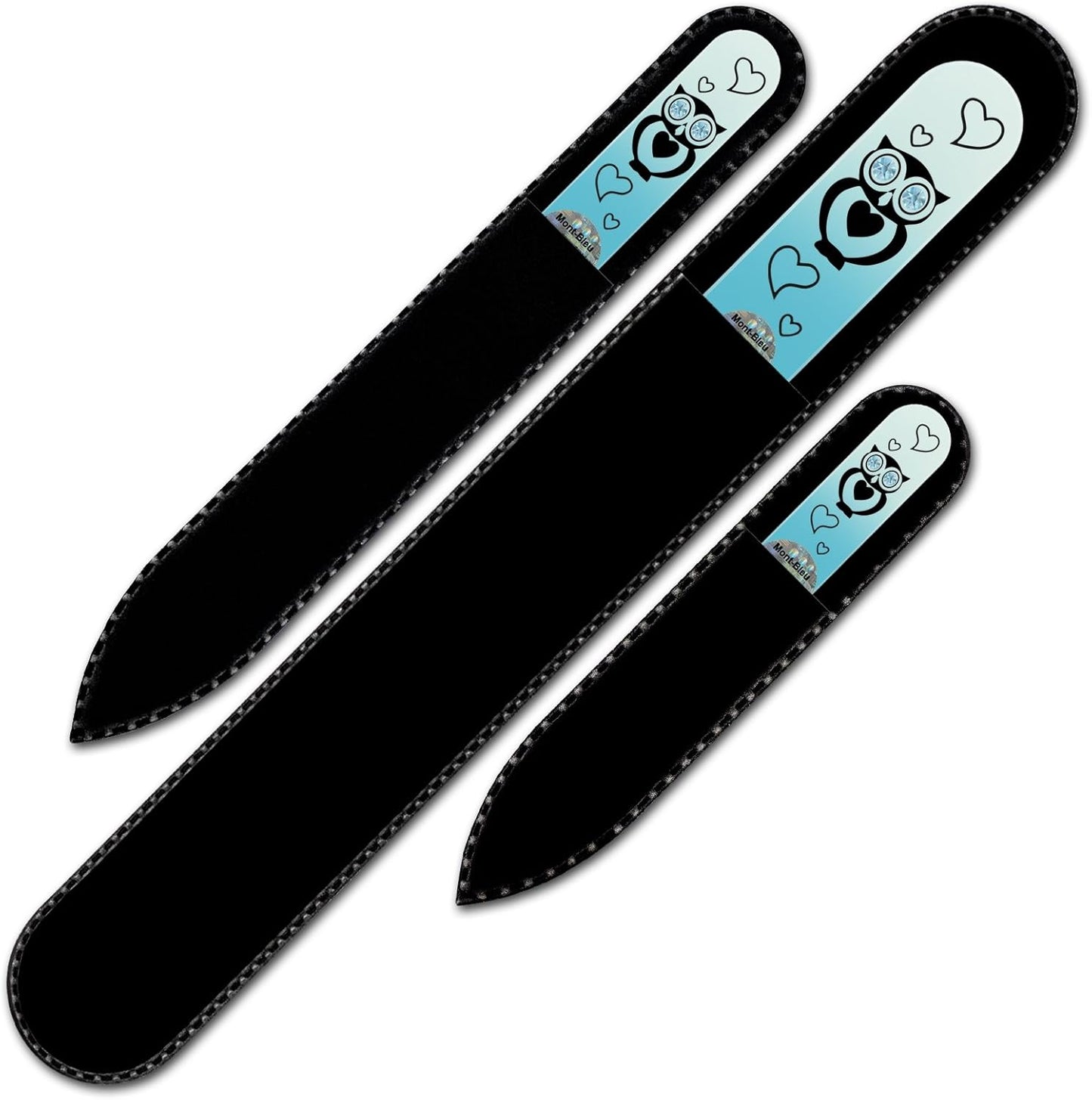 Mont Bleu Set of 3 Owls Crystal Nail Files hand decorated with crystals - Handmade - Czech Tempered Glass