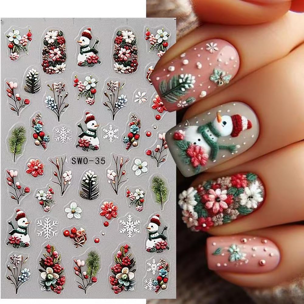 Christmas Nail Stickers 5D Embossed Christmas Tree Snowman Nail Art Stickers Winter Snowflake Nail Decals Self-Adhesive Bow Holiday Lights Design Sticker Xmas Cute Nail Art Decoration for Women 4Pcs