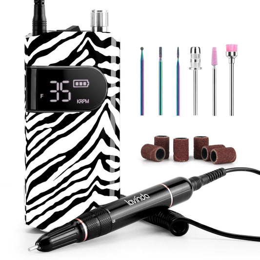 Lavinda 35000RPM Electric Nail Drill, Cordless Nail Drill Machine Portable Rechargeable Nail Efile for Acrylic Gel Nails, Manicure Pedicure Polishing Shaping Tool for Salon Home Use-Zebra Pattern