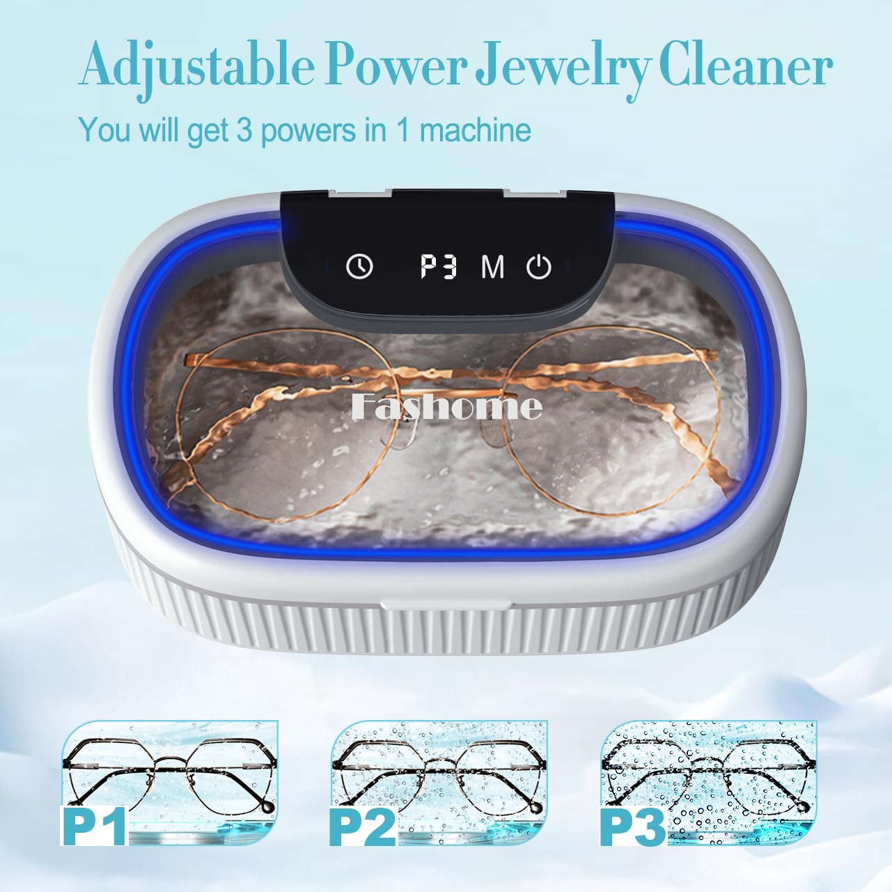 Ultrasonic Jewelry Cleaner with Basket/Holder, Adjustable Power Ultrasonic Cleaner for Retainers, Rings, Eyeglasses, Dentures, Watch Bands - 550ML 20oz w/Lights, 5 Cleaning & Degas Modes