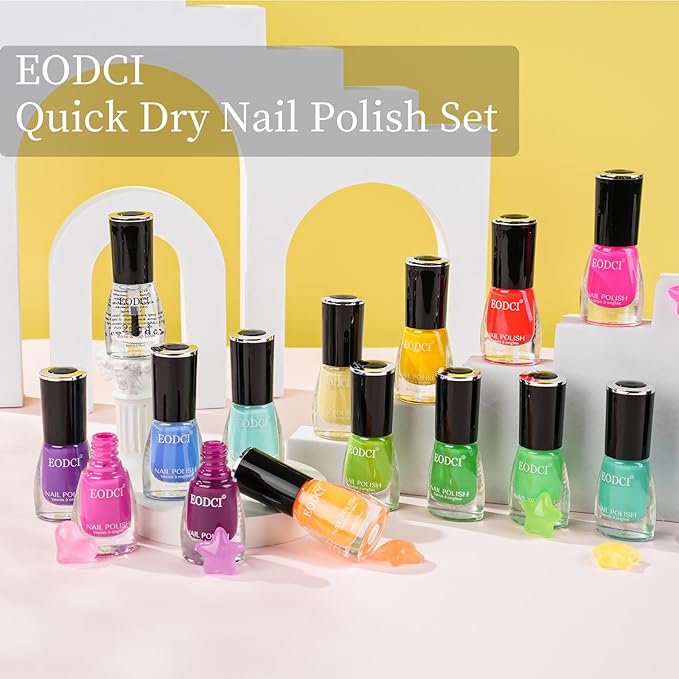 16 PCS Nail Polish Set, 15 Bright Colors Quick Dry Nail Polish Kit With 2in1 Base/Top Coat Spring Summer Colors Finger Nail Polish Pack Glossy Toenail Polish DIY Gifts for Women