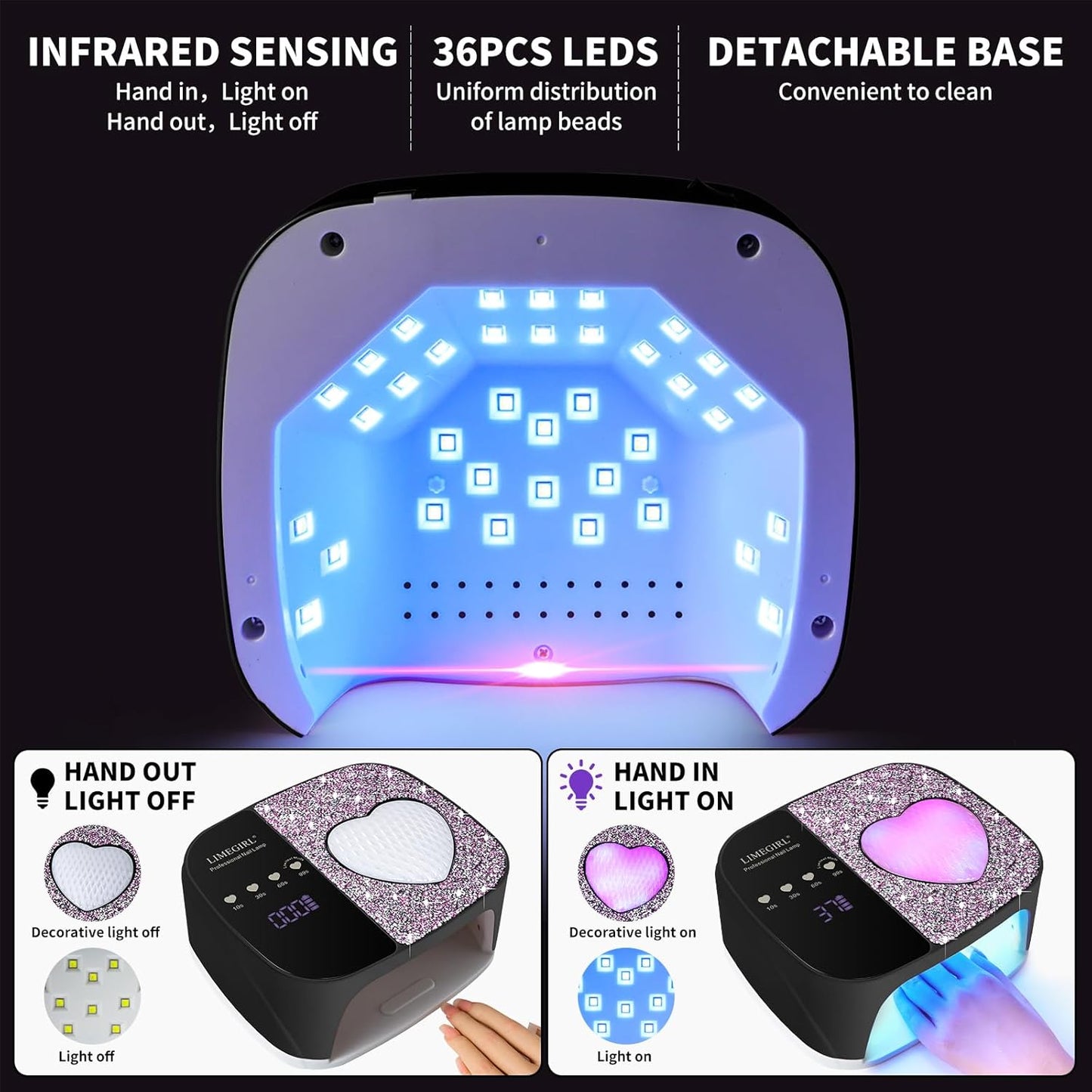 LimeGirl UV LED Nail Lamp Kit for Gel Polish Professional Fast Curing Black Dryer Light Set with 4 Timer Settings Cordless Rechargeable Nail Art Cure Machine for Manicure Pedicure at Home and Salon