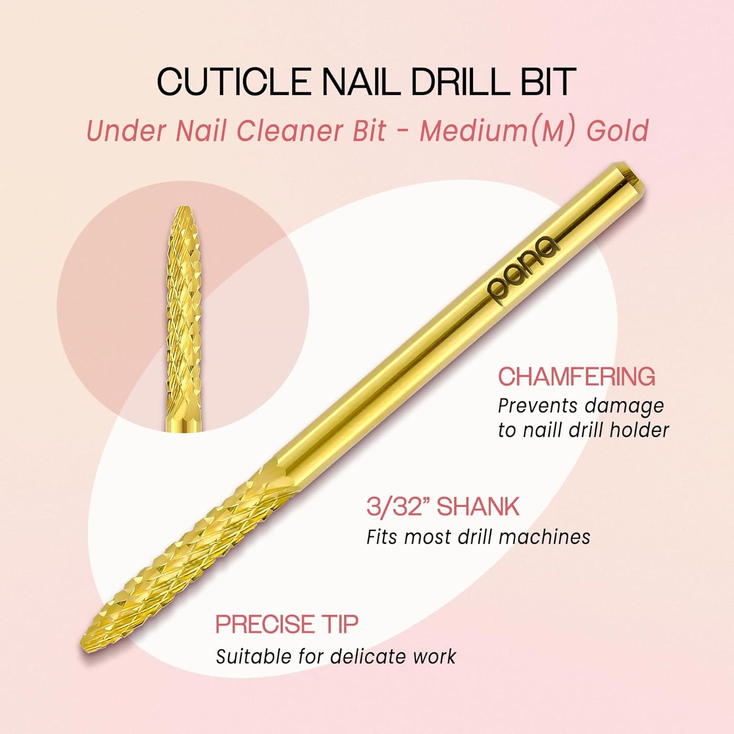 PANA 3/32" Carbide Cuticle Nail Drill Bit for Cuticle Cleaning, Dead Skin Removal, Gel Polish & Acrylic Removal, Under Nail Cleaner, Nail Salon, Manicure Tools (UNC - Gold, Medium)