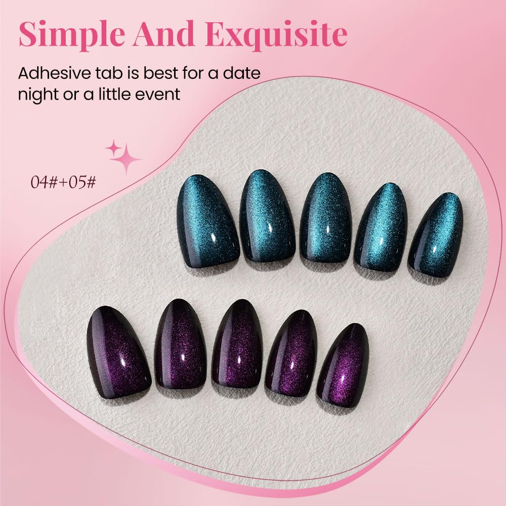evpct Dark Blue Purple Press on Nails Almond Short, Purple Sapphire Blue Cat Eye Glitter Press on Nails for Women Gift, Soft Gel Press Glue On Nail with Nail Glue 60Pcs Reusable Acrylic Fake Nails Kit