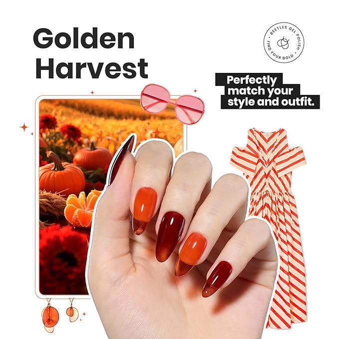 Beetles Fall Nail Polish Set - Golden Harvest 6 Colors Quick Drying Long-Lasting Burgundy Red Orange Jelly Glitter Nail Polish for DIY At-Home Manicure Christmas Gift for Women