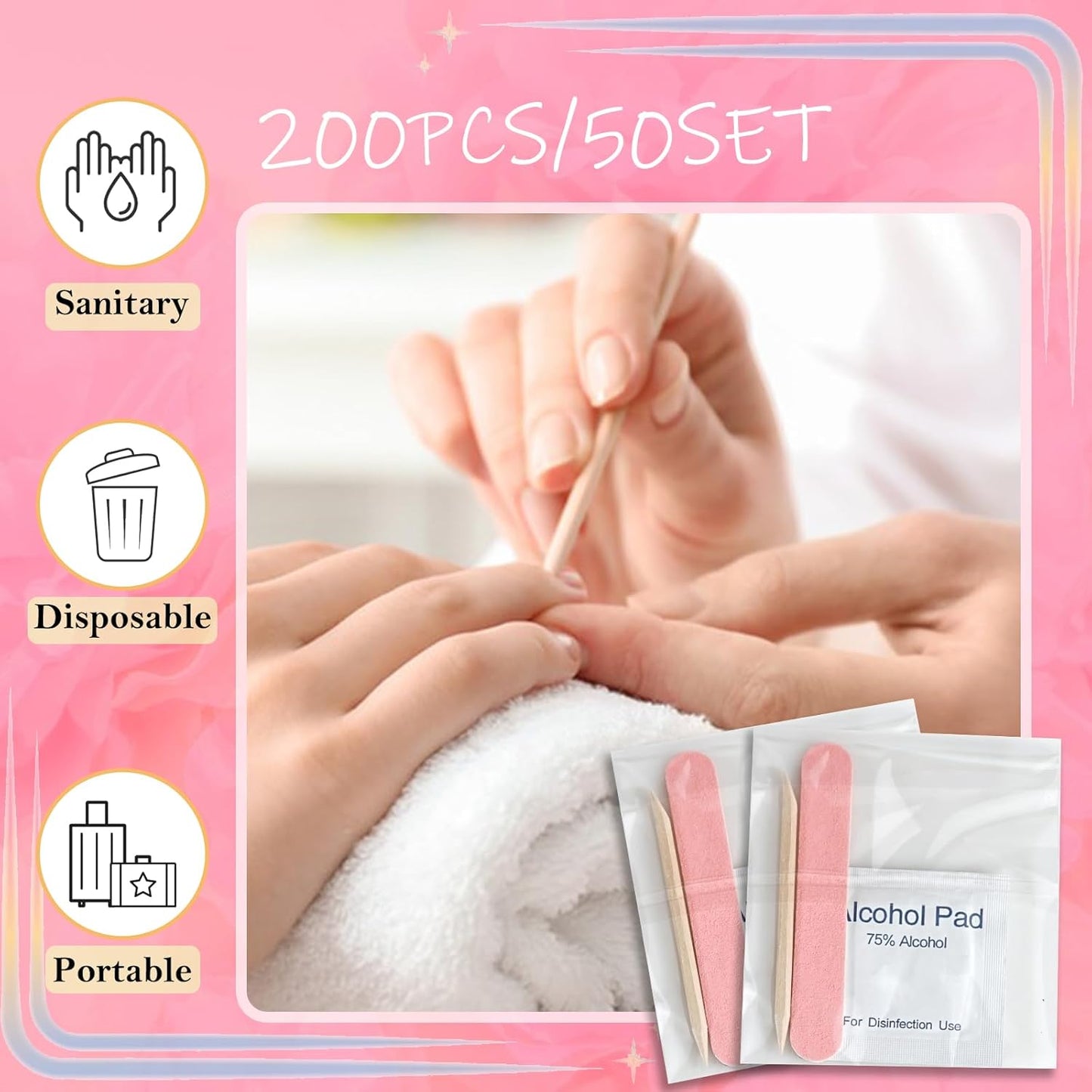 50 Set Disposable Press on Nail Tool Kit, including 50pcs Nail File, 50pcs Prep Pad, 50pcs Wood Stick, 50pcs OPP Bag, Manicure Nail Prep Kit for Salon Home (50pcs-A-pink)