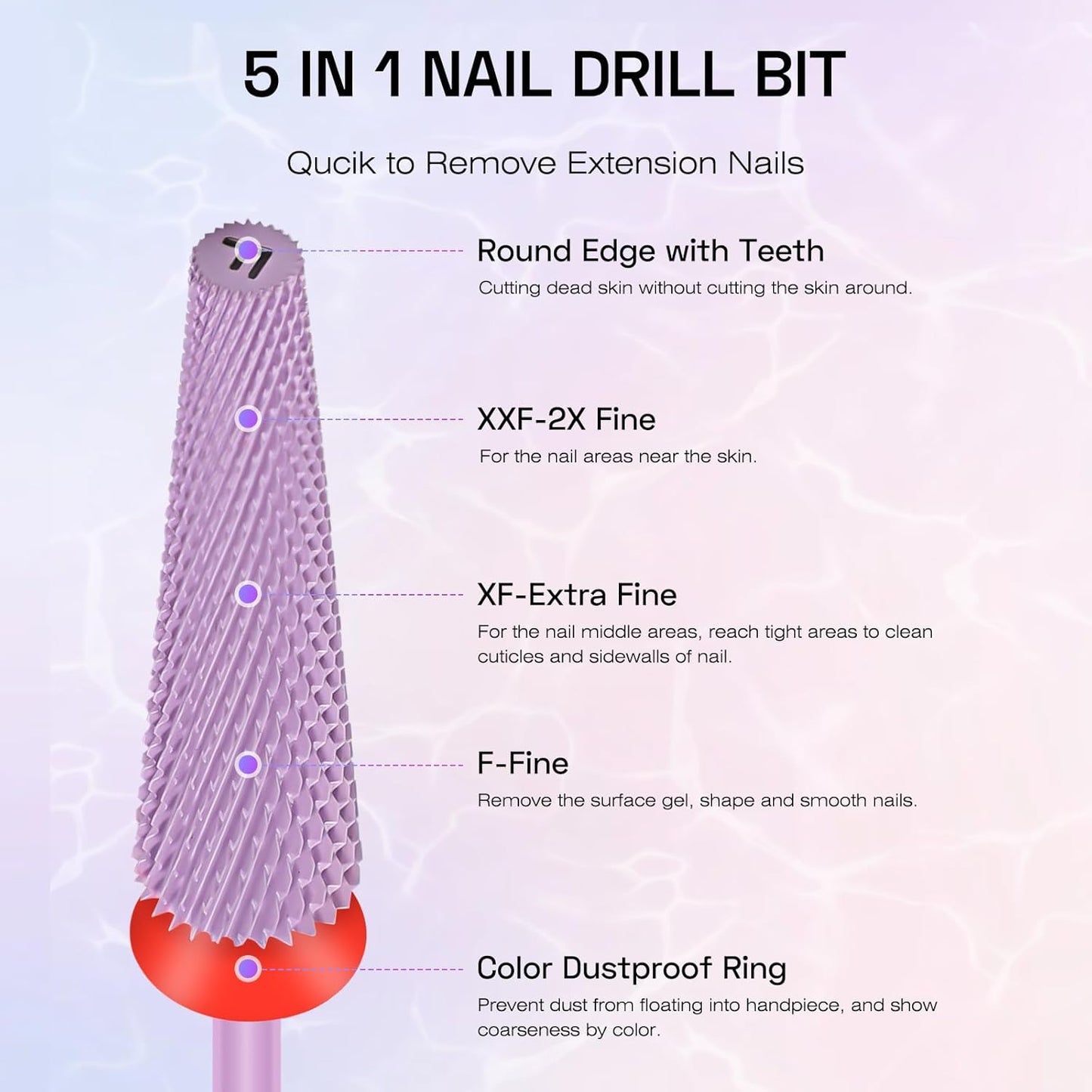 Depvko Super Long 5 in 1 Nail Drill Bits,Carbide Nail Drill Bit,3/32" Two Way Rotate Professional Drill Bit Nails,Nail Bits Fast Remove Acrylic or Gel for Manicure,Pedicure,Nail Art (Fine-F, Purple)