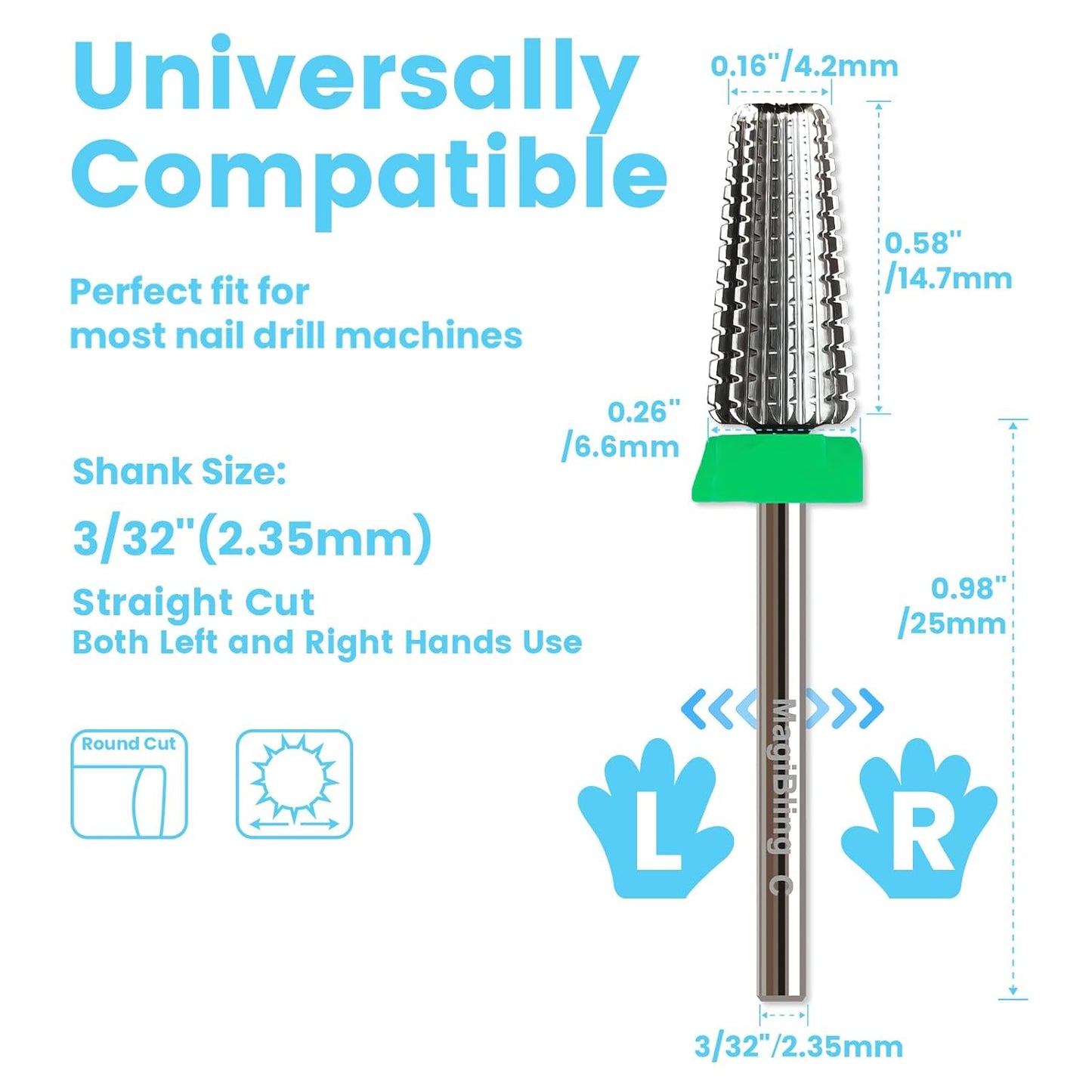 5 in 1 Nail Drill Bits, Straight Cut 3/32'' Professional Tungsten Carbide Bits, Two-way Rotation Easy for Left Hand, Hard Soft Gel Removal Fast Manicure Polishing, Coarse