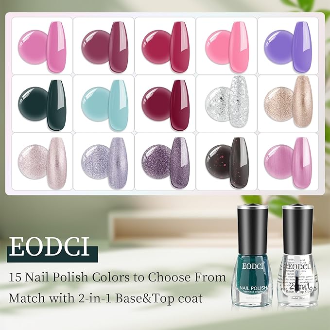 16 PCS Nail Polish Set, 15 Colors Quick Dry Nail Polish Kit With 2in1 Base/Top Coat Purple Pink Glitter Gold Sliver Finger Nail Polish Pack Glossy Toenail Polish DIY Gifts for Women