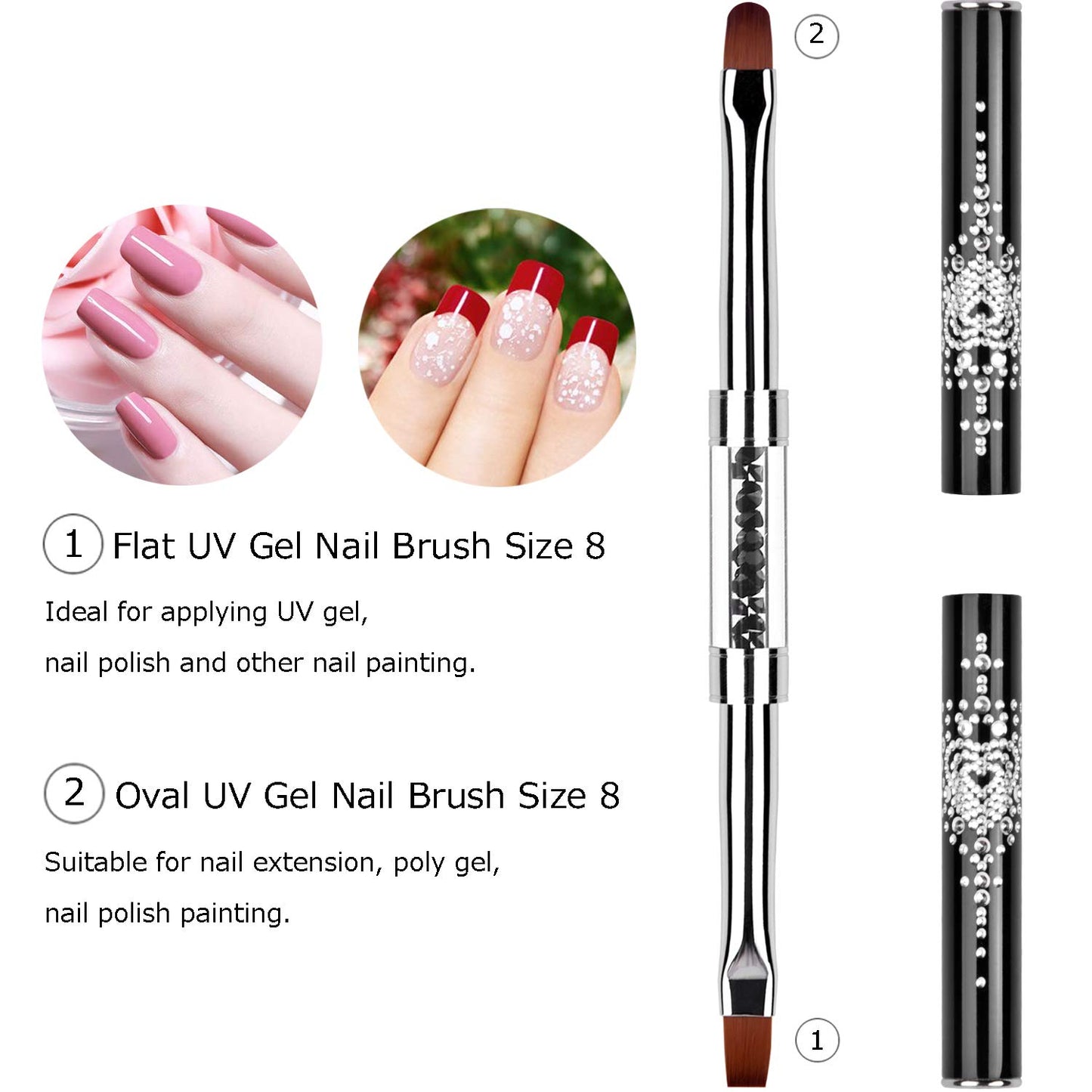 2Pcs Dual-ended Nail Design Brushes Rhinestone Handle UV Gel Nail Brush Set Professional Nail Art Tools