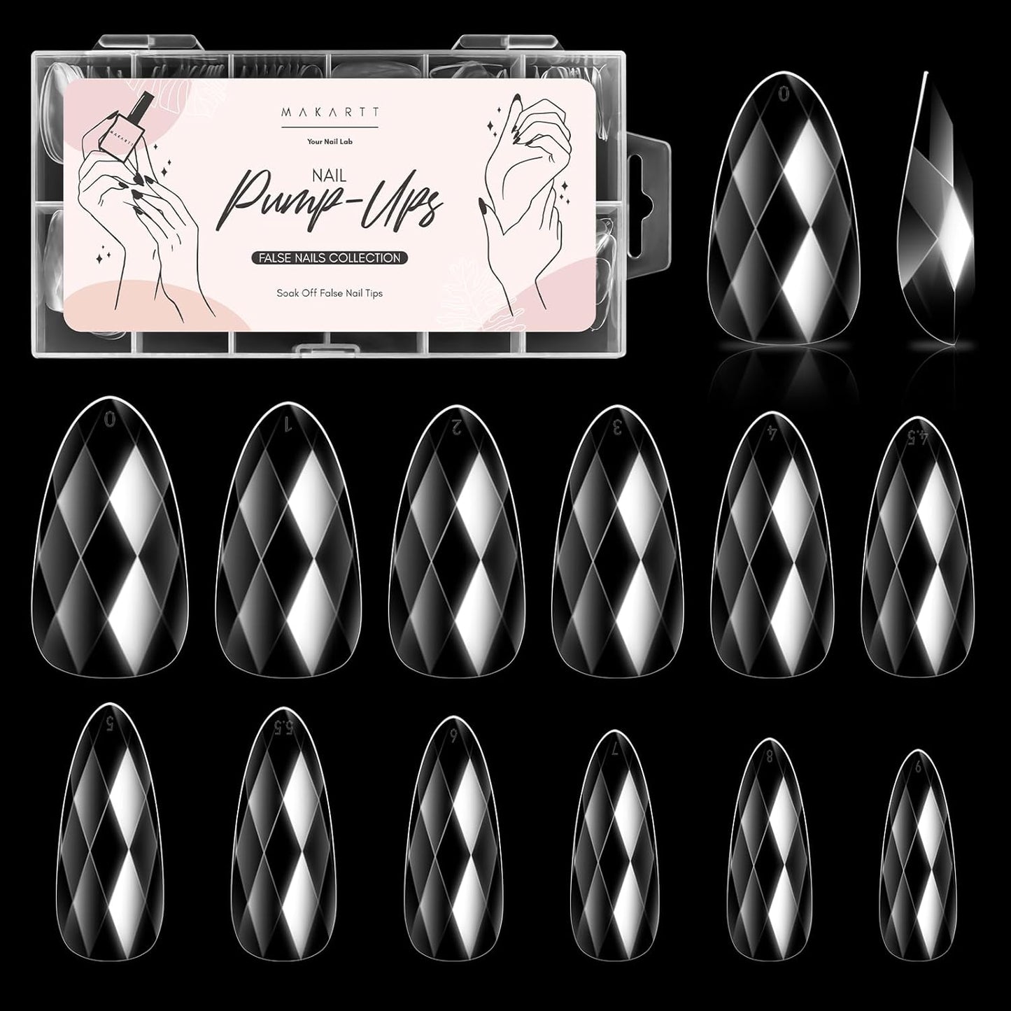 Makartt Short Almond Soft Gel Nail Tips: 120pcs 3D Diamond-Shaped Fake Nails Extension, 12 Sizes Full Cover Clear Press-On Tip, Natural Rhombus Lattice, Suit for Chrome Nail Powder