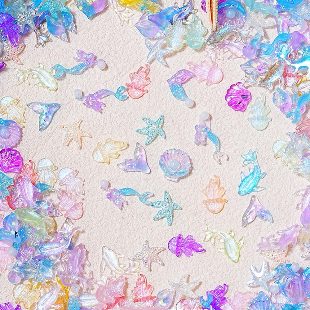 150PCS Beach Nails Charms, Summer Ocean Series 3D Resin Nail Rhinestone Mixed Sea Shell Starfish Dolphin Fishtail Nail Gem for Women Girls Manicure DIY Crafts Accessories