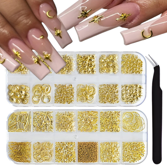 24 Grid Gold Nail Art Charms Moon Star Nail Charms and Gems Gold Nail Rhinestone for Decorations Manicure Supplies Accessories DIY Nail Art Makeup Decoration