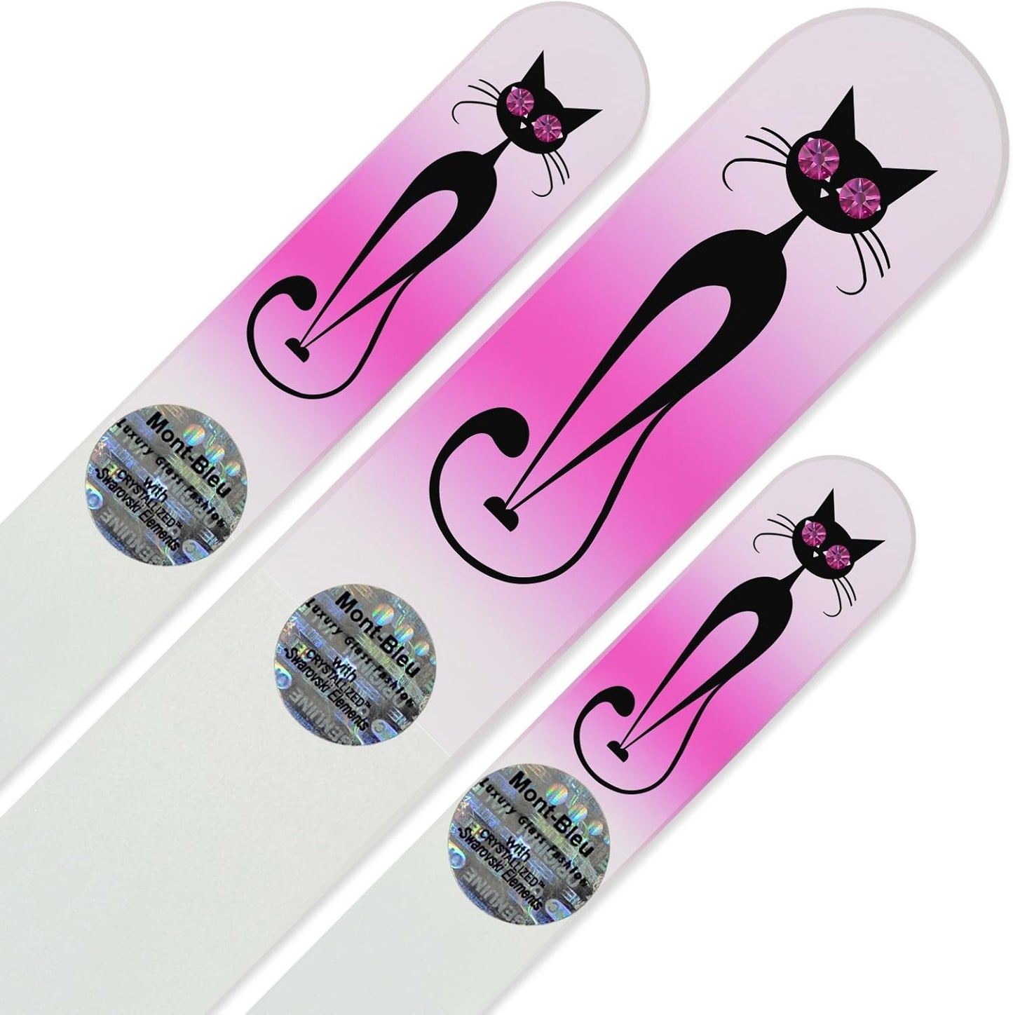 Mont Bleu Set of 3 Cats Crystal Nail Files hand decorated with crystals from Swarovski - Handmade - Czech Tempered Glass - Lifetime Guaranty - Glass Nail Files for natural nails - Best Gift for women