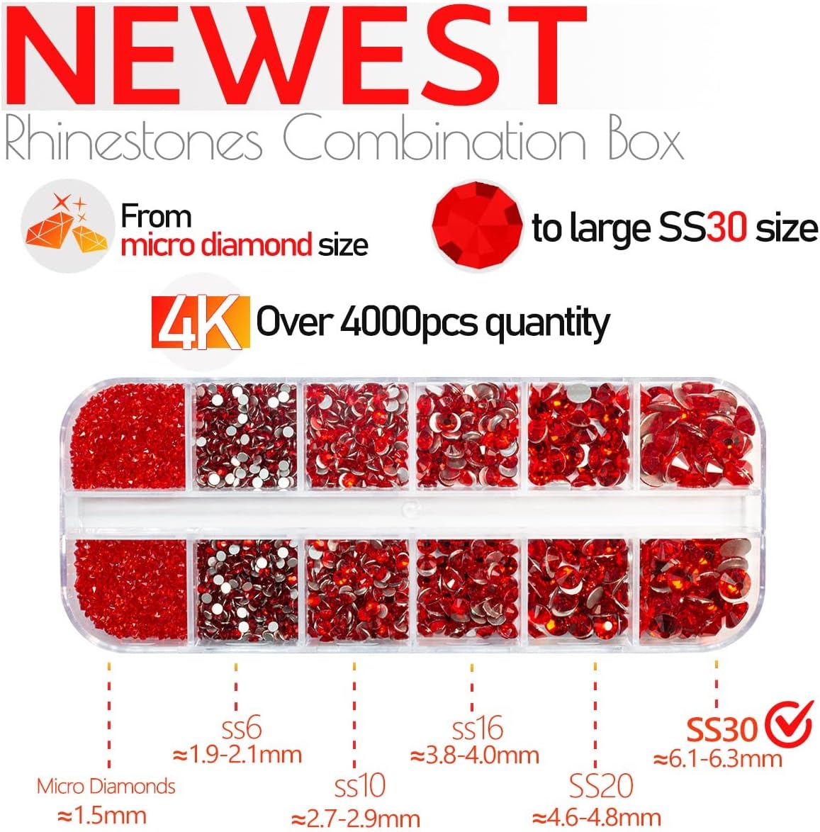 4010pcs Red Rhinestones Nail Gems Siam Red Round Flatback Stones 6 Sizes(1.6-6.1mm) to SS30 K9 Glass Non-Hotfix Ruby Red Nail Crystals Jewels Nail Art Nail Charms for Nails Eyes Face Makeup Crafts DIY