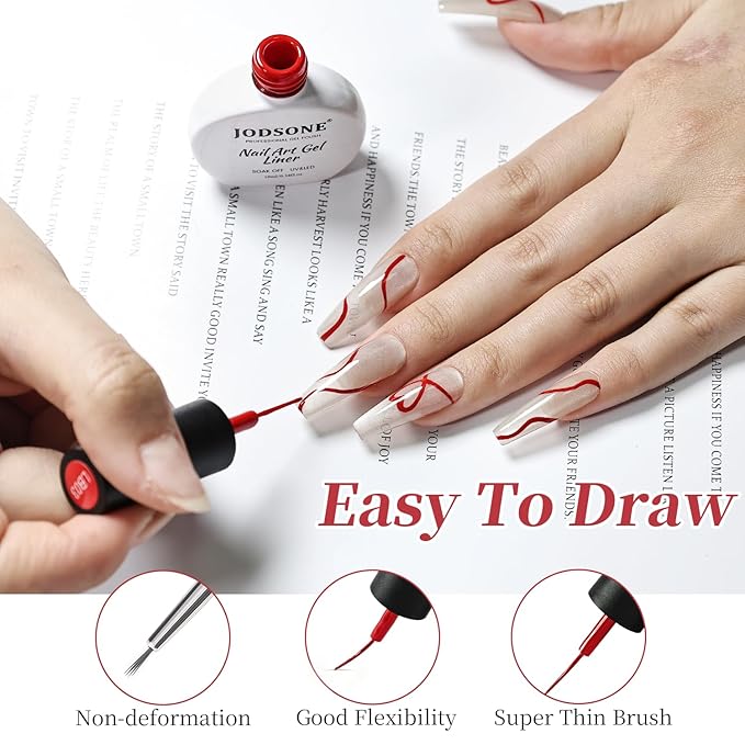 JODSONE 10ml Nail Art Gel Liner Red Gel Nail Polish Need U V Lamp Cured with Thin Brush Gift for Girls at Home DIY