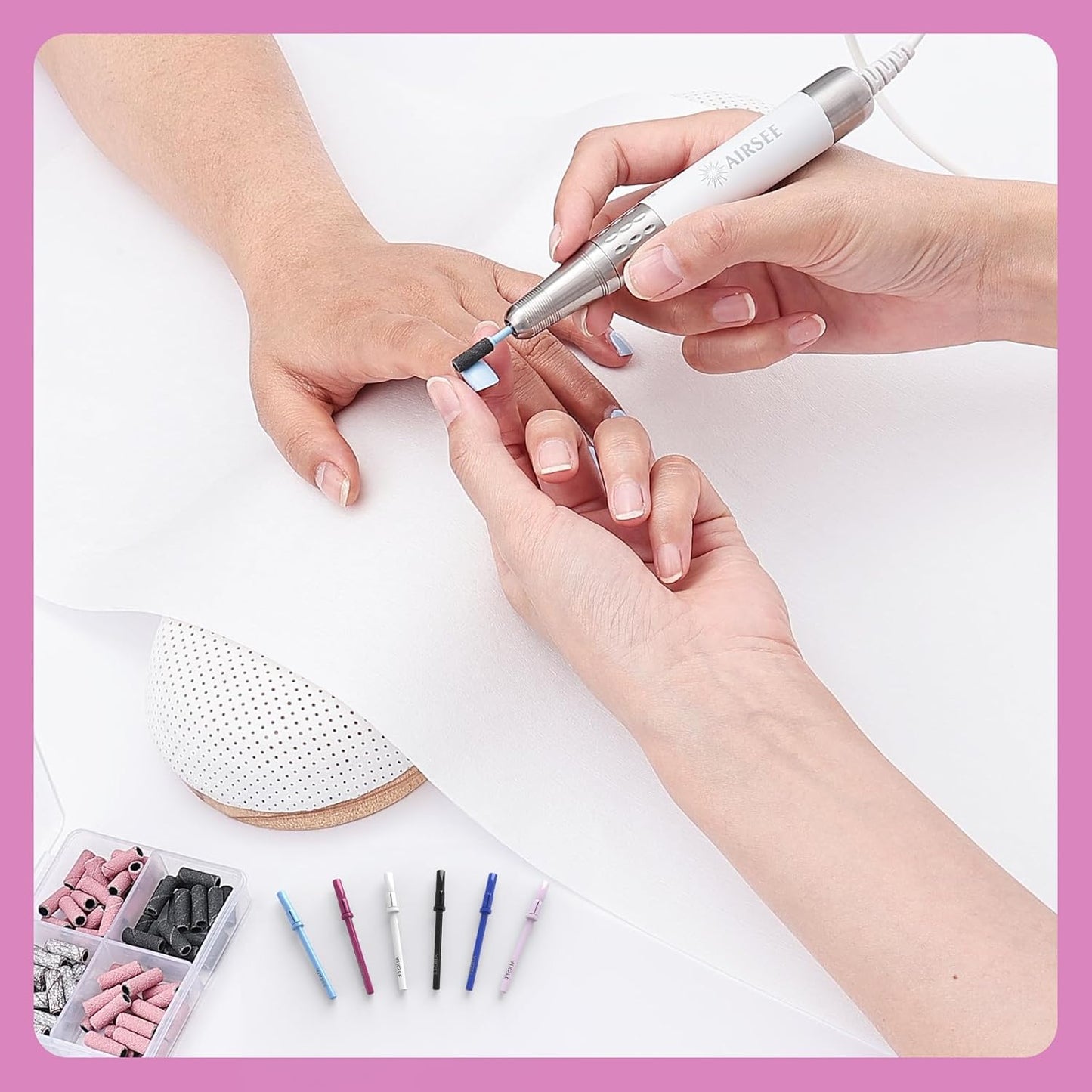AIRSEE 3.1mm Small Nail Drill Mandrel Bits for Mini Efile Sanding Bands, Stainless Steel Professional Electric Head Clean Remove Cuticle Removing, Acrylic Manicure Sander Safety (Rose Pink)