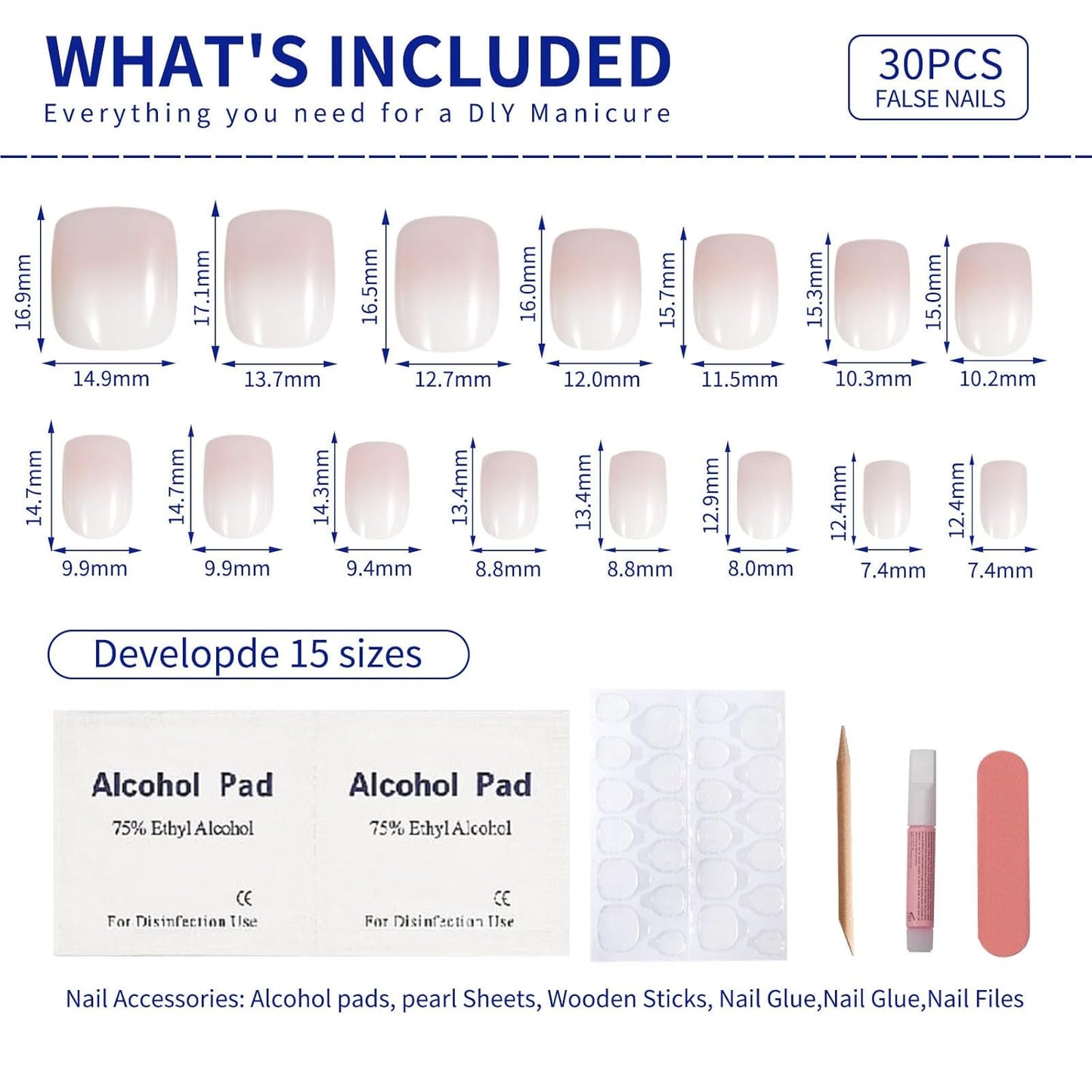 White Ombre Press On Nails Short, Glossy Soft Gel Press On Nails Square with Nail Glue, 15 Sizes - 30 Fake Nails Kit, Thick Natural Reusable Glue On Nails for Women, Silken White