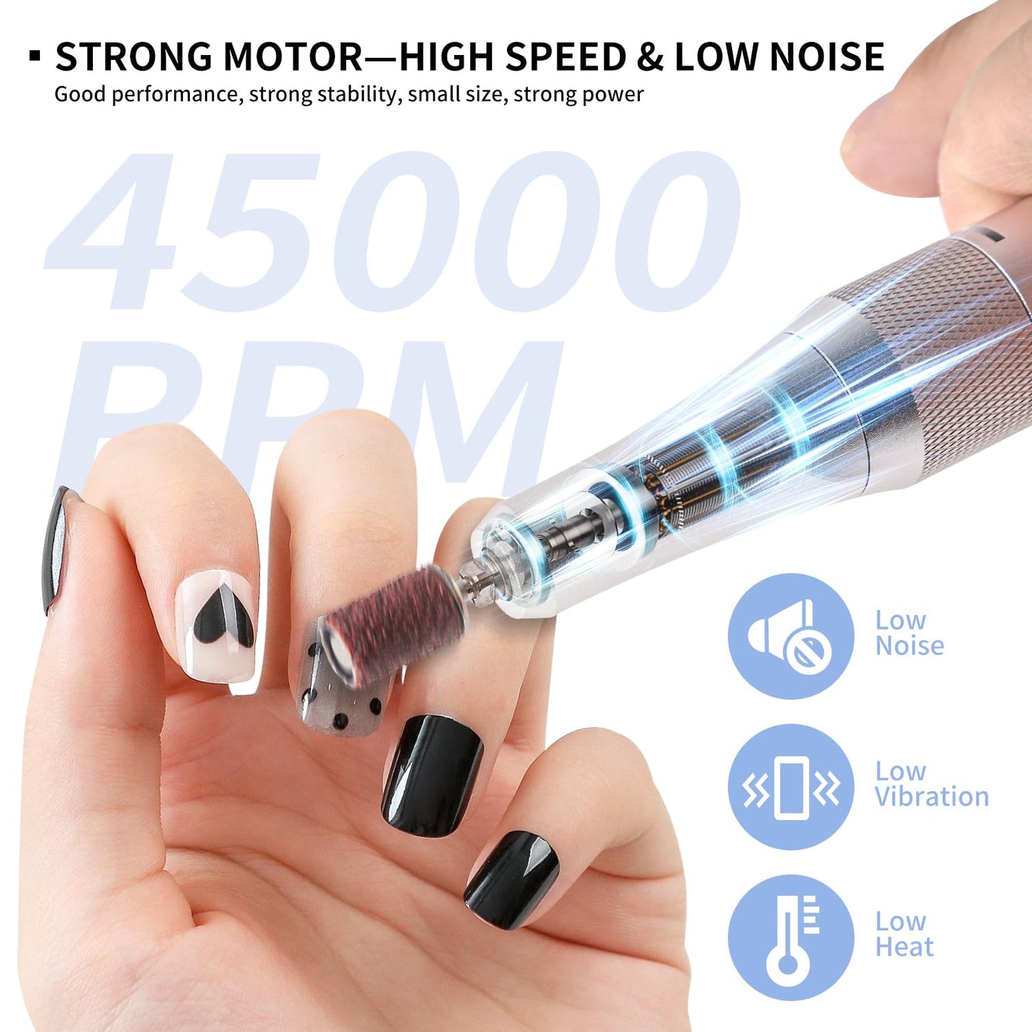 Electric Nail File for Acrylic Nail Kit, 45000RPM Electric Nail Drill Professional Manicure Pedicure Set with Nail Drill Kit Bits, Efile Cordless for Manicure