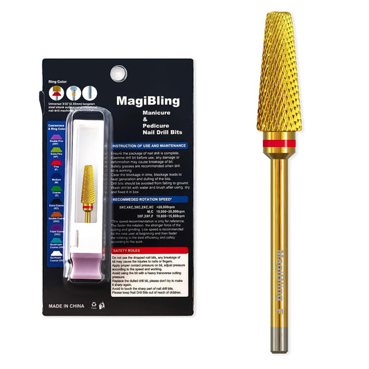 Super Cut 5 In 1 Nail Drill Bits，Tapered 3/32'' Safety Tungsten Bits, Upward Cut for Hard Gel Removal, Right Hand Use, Manicure Cuticle Gel Polishing, Technicians Bits, Gold, Fine.