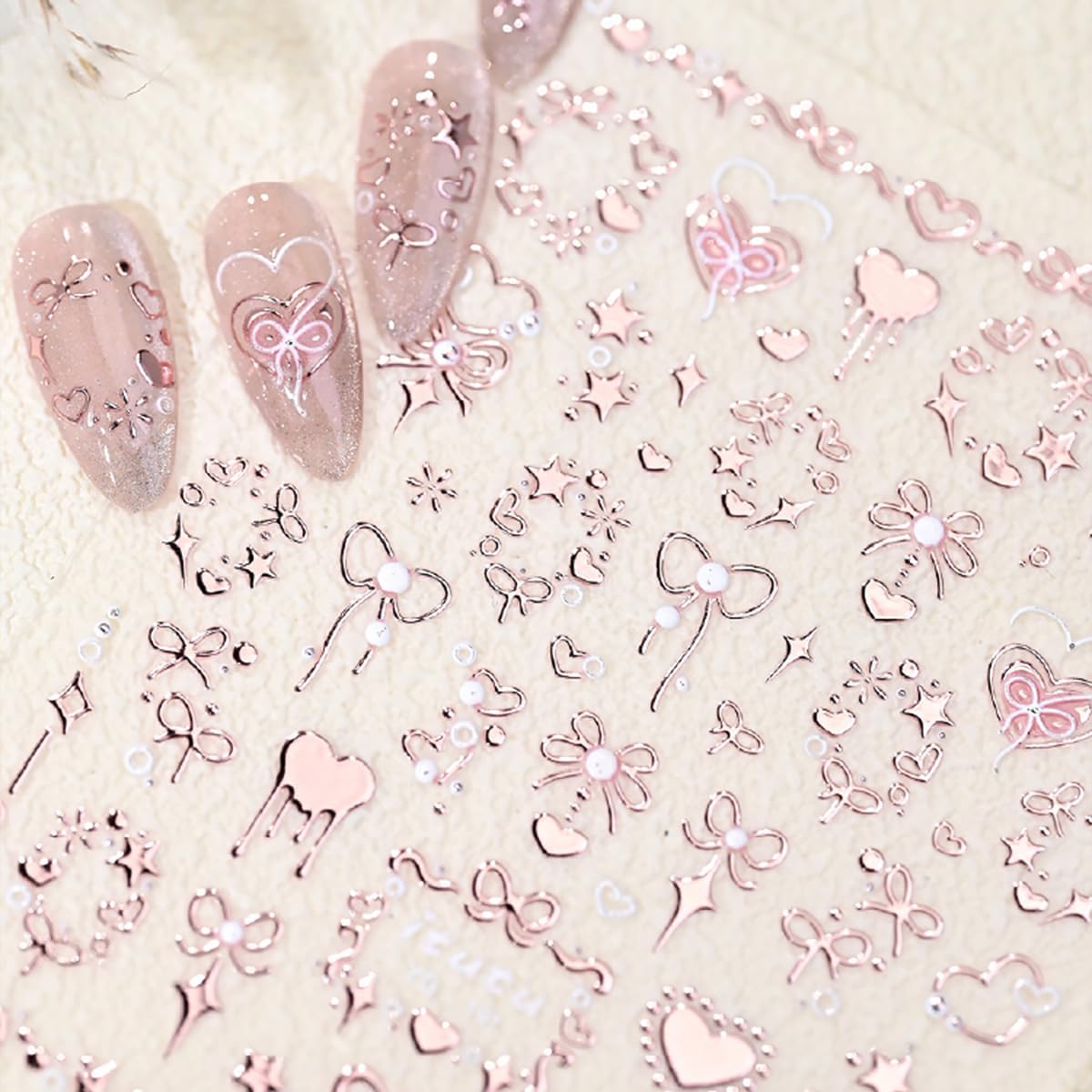 Valentine's 5D Embossed Nail Art Stickers - Romantic Rose Gold & Pink Nail Decals with Bronzing Bow Heart Designs