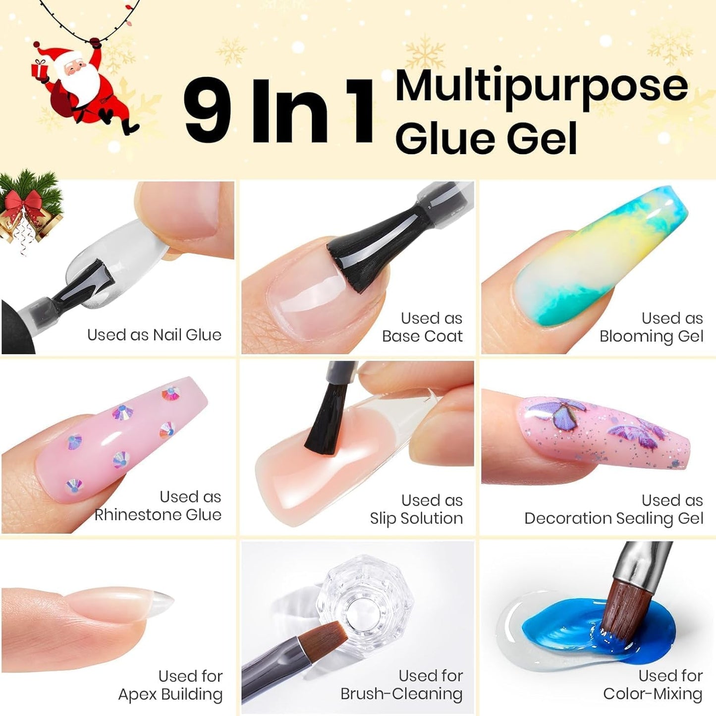 Beetles 9 In 1 Gel Nail Glue Kit, 2Pcs 15ml Long Lasting UV Nail Glue for Acrylic Nail Tips, Super Strong Brush for Base Coat, Christmas Gift for Women, UV LED Light Required