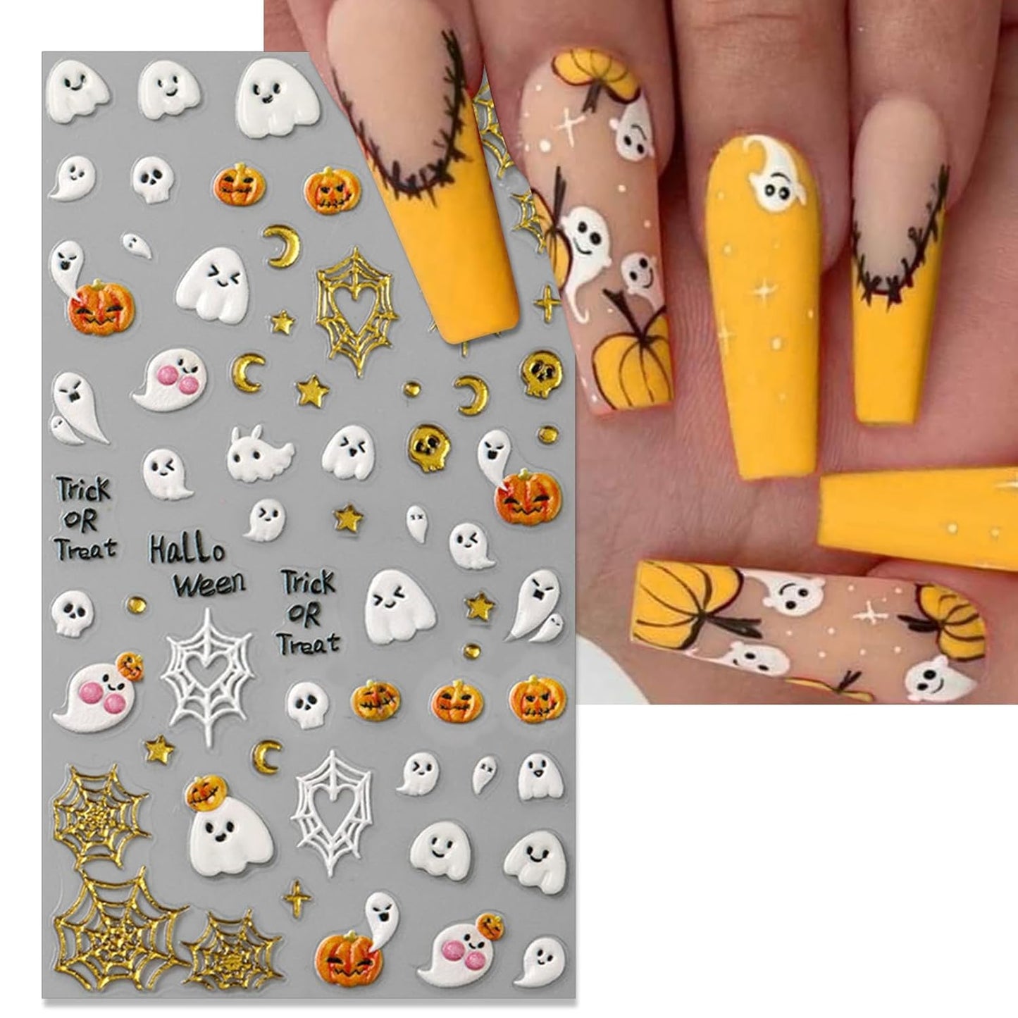 Halloween Spooky Nail Stickers, Embossed Ghost Black Cat 5D Self-Adhesive Nail Art Decals for DIY Cute Pumpkin Manicure (2 Sheets)