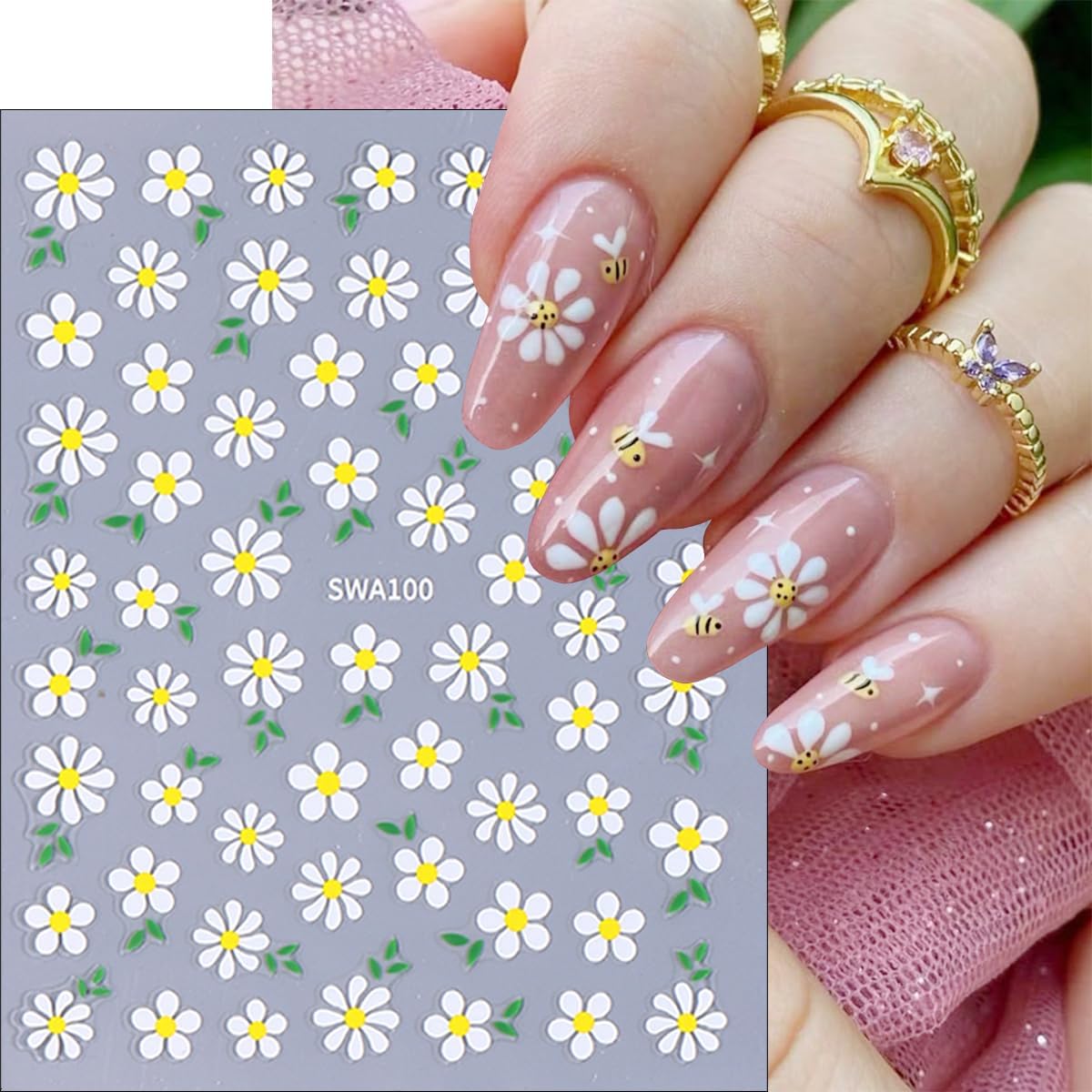 6Sheets Colorful Flower Nail Art Stickers 3D Floral Nail Decals Spring Wildflower Daisy Nails Design Stickers White Blue Pink Flower Sticker Cute Nails Supplies Decoration for Women Girls Manicure