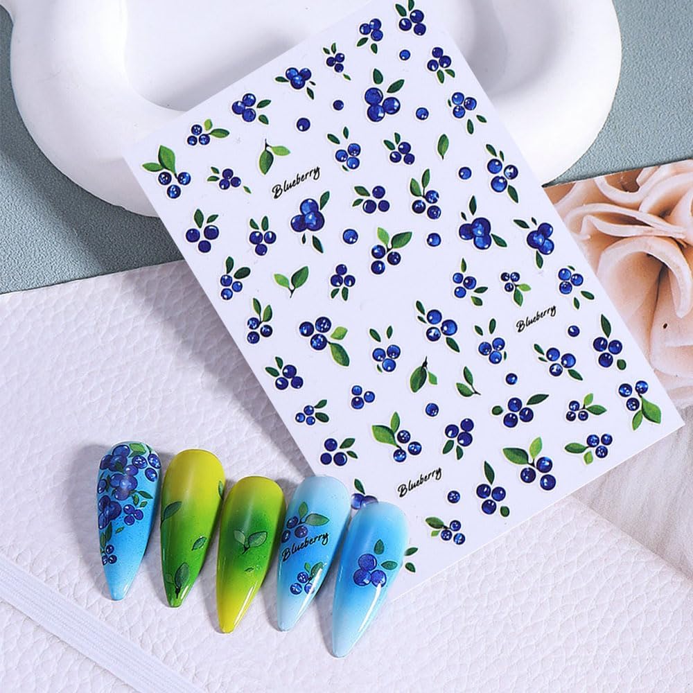 6 Sheets Fruit Nail Art Stickers Decals, 3D Self-Adhesive Embossed Lemon Strawberry Blueberry Stickers Nail Stickers for Women DIY Summer Manicure Decorations